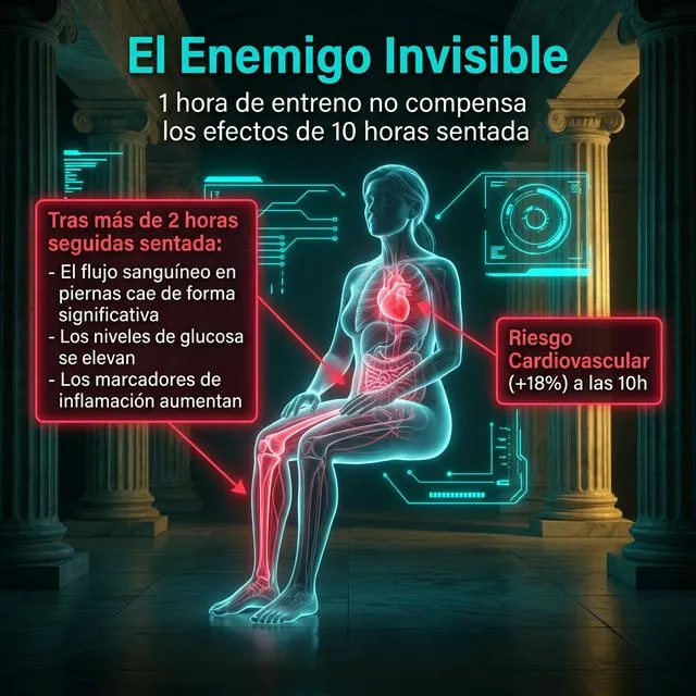 El Enemigo Invisible: efectos de permanecer sentada más de 2 horas — caída del flujo sanguíneo, elevación de glucosa, aumento de inflamación y riesgo cardiovascular +18% a las 10 horas