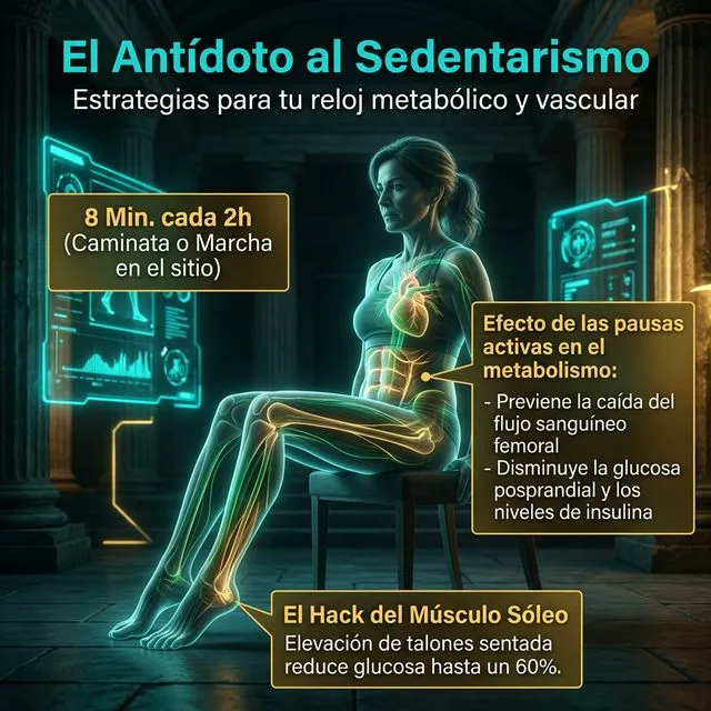 El Antídoto al Sedentarismo: 8 minutos de caminata cada 2 horas previene caída del flujo sanguíneo femoral, y la elevación de talones sentada reduce glucosa hasta un 60%